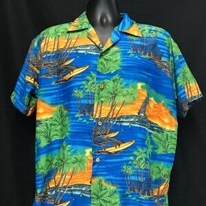 IN GEAR Mens XL Hawaiian Shirt Aloha Blue Orange Short Sleeve Shirt